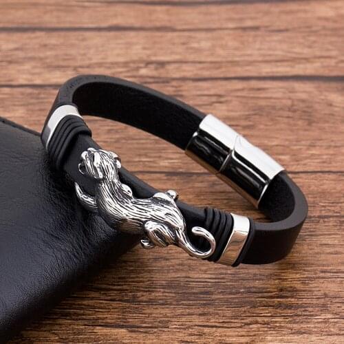 Fashion Charm leopard Stainless Steel Punk Leather Men‘s ’Bracelet Black Braided Wholesale Accessories Jewelry Bangles