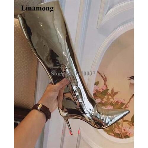 Women Charming Pointed Toe Mirror Silver Patent Leather Knee High Boots Sexy Long Stiletto Heel Boots High Heel Boots