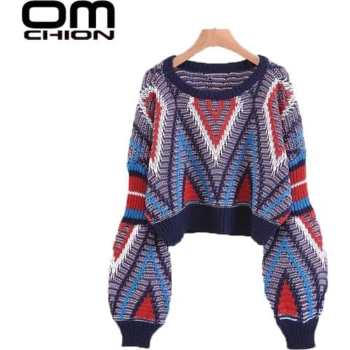 OMCHION 2021 Geometric Patchwork Jump Elastic Lantern Sleeve Women Sweaters And Pullovers Vintage O Neck Loose Sueter LXM21