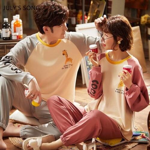 JULYS SONG Couple Cotton Pajamas Set Cute Cartoon Spring Autumn Sleepwear Men Women Casual Suits Long-sleeved Home wear