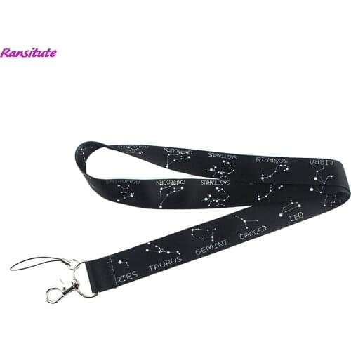 Ransitute R1406 Twelve Constellations Black Neck Strap Lanyards ID Badge Card Holder Keychain Phone Strap Webbing Necklace Gifts