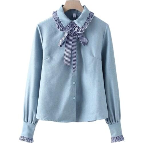 Spring Autumn Women Solid Shirts Female Lady Office Work Bow-Collar Corduroy Slim Blouse Outwear Tops