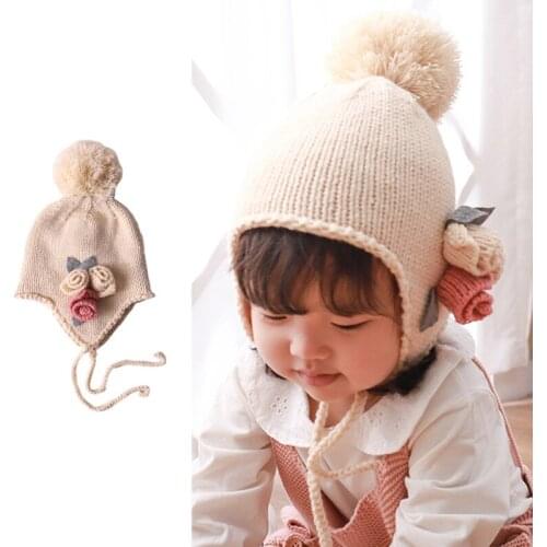 Girl Hat Winter Earflap Knit Beanie Handmade Flowers Pompom Warm Skiing Outdoor Accessory For Kid Baby