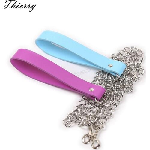 Thierry High quality PU thick Steel chain Sex Collar & Leash Bondage Toys For adult Games cosplay Erotic Posture dog leash