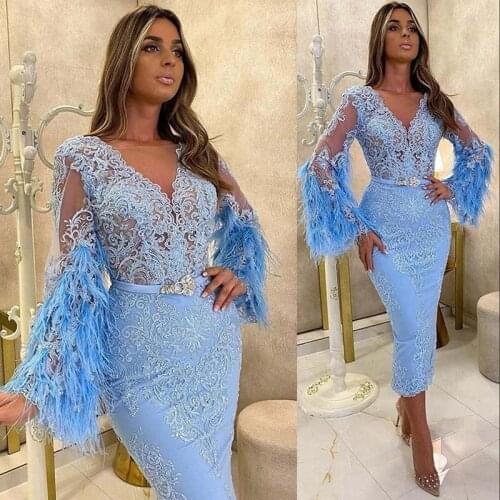 2021 New Sky Blue Arabic Aso Ebi Short Prom Dresses Long Sleeves Lace Appliques Feather Tea Length Evening Gowns For Girls Cockt