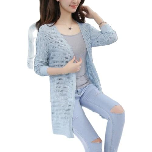 4451 - 2020 summer new long V split collar knit cardigan sweater 28 sunscreen hollow stripe
