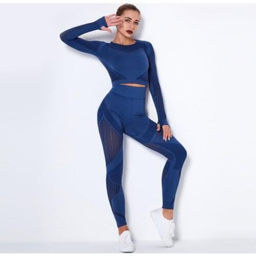 Hollow Out Seamless Yoga Set Sport Outfits Women Two 2 Piece Long Sleeve Crop Top Leggings Workout Gym Suit Fitness Sport Sets
