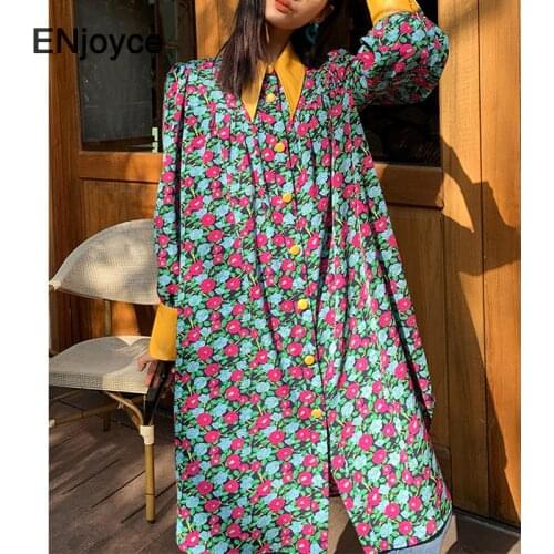 Vintage Floral Printed Pointed Collar Shirt Dress Women Casual Loose Long Sleeve Blouse Korean Trendy Shirts Spring Fall Clothes