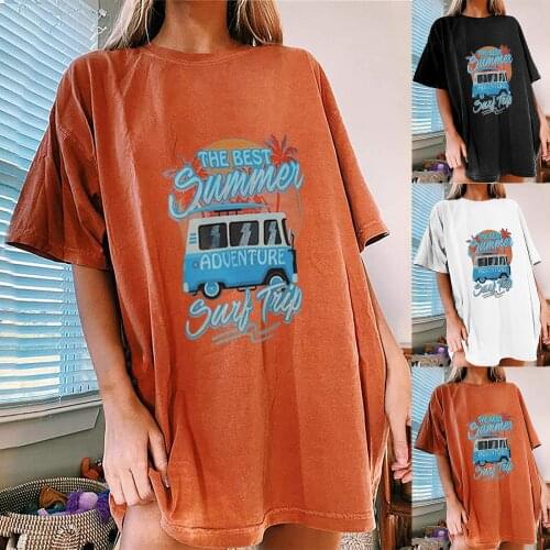 The Best Summer Adventure Bus Print T Shirt Women Half Sleeve Drop Shoulder Femme T-shirt Summer Loose Long Tops for Women