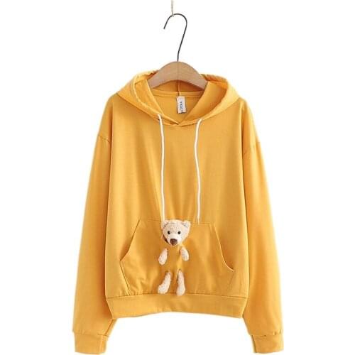 Women Kawaii Hooded Sweatshirts Solid Color Sweatshirt Autumn 2021 Girl Loose Sweet Hoodies Harajuku Cute Yellow Pullover 219820