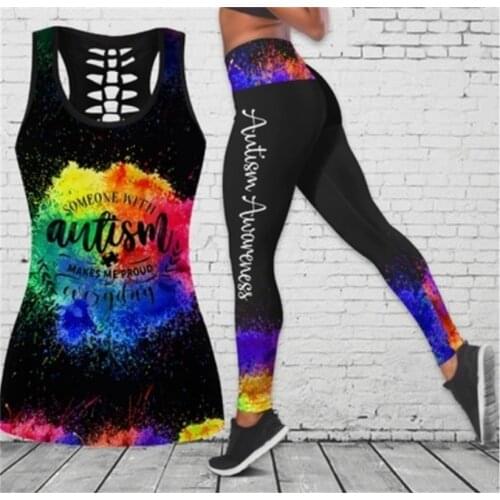 Womens Over Printed Yoga Suit Autism Skull 3D Printing Hollow Vest Tank Top High Waist Leggings Sports Ladies Suit