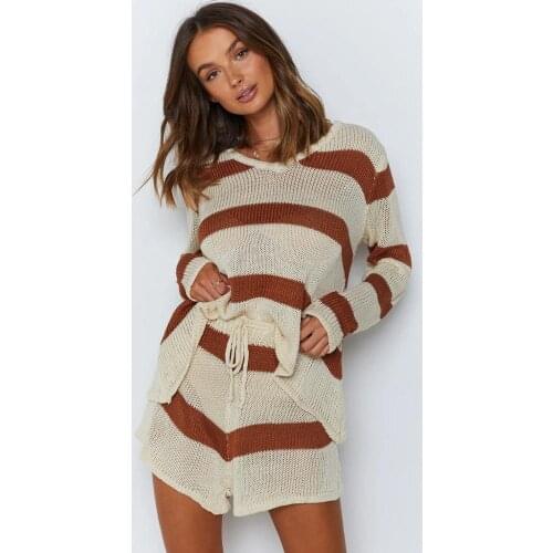 2020 New Casual knitted autumn women suit long sleeve suit with shorts for women V-Neck loose sexy striped sweater two piece set