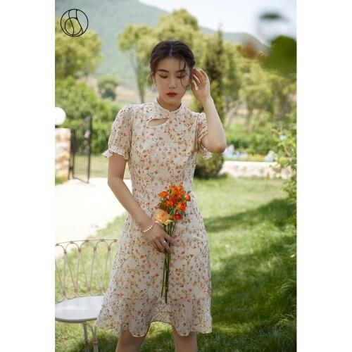 DUSHU Loose Office Lady Womens Hollow Embroidered Improved Cheongsam Dress 2021 Summer New Red Floral Retro Women Dress