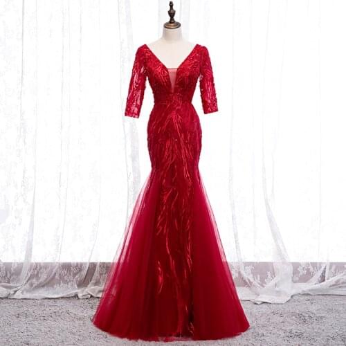 Bespoke Occasion Dresses Illusion V-Neck Half Sequined Beading Embroidery Lace Tulle Luxury Red Women Formal Evening Gown HB203