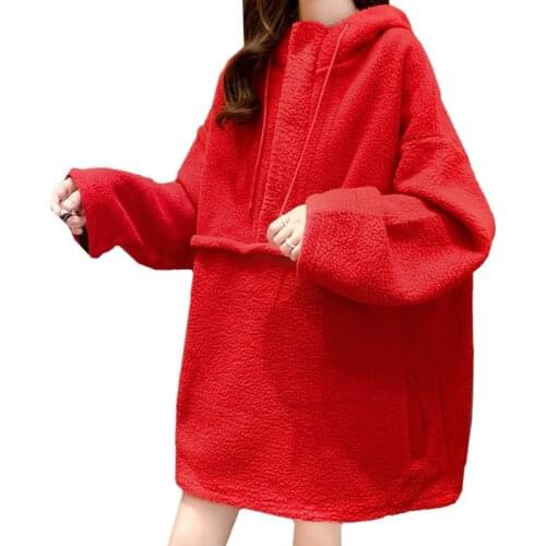Winter Fashion Women Sweatshirt Female Hoodie Korean Long Section Loose Coat Lamb Wool Thick Lady Red Splicing Pullover 2020