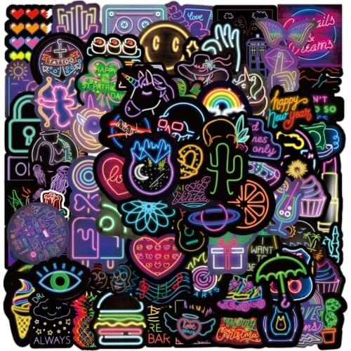 100pcs Hotsale Neon Light Stickers For Cans Car Stickers Kids Fridge Japan Anime Sticker Pack Set Childrens Phone Skateboard