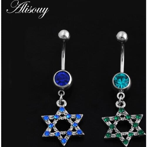 Alisouy 1pc Stainless Steel Pendant Stars Hexagram Crystal Navel Bars Fashion Belly Button Ring Navel Piercing Body Jewelry