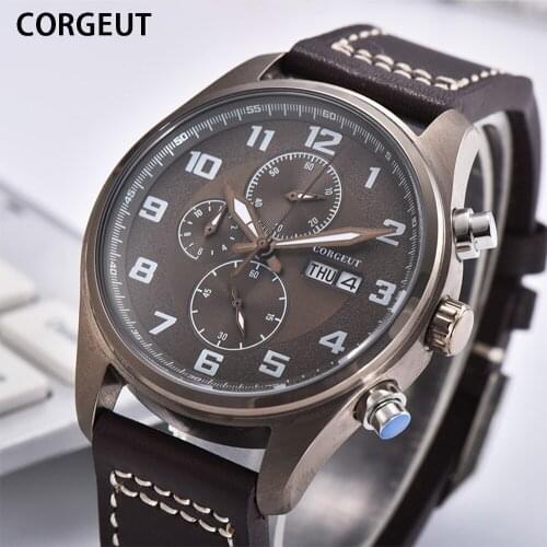 CORGEUT Classic Mens Quartz Watch Leather Strap Luxury Casual Business Waterproof Calendar Wristwatch Male Clock Мужские часы
