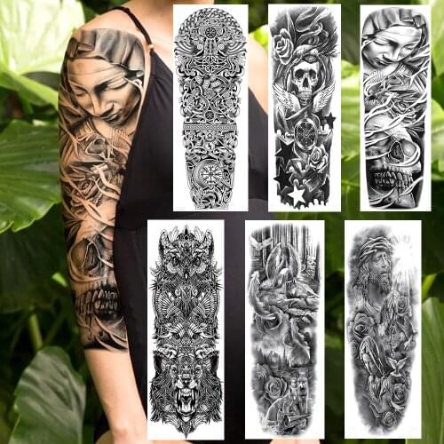 Black Full Arm Buddha Death Skull Temporary Tattoos Sticker For Men Women Sleeve Body Art Tatoo Fake Tribal Owl Wolf Tatoo Paper