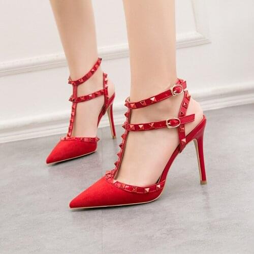 DDYZHY Roman fashion rivet sandals 10CM PUMPS Woman shoes Sexy nightclub stiletto heels patent-leather metallic rivet hollow