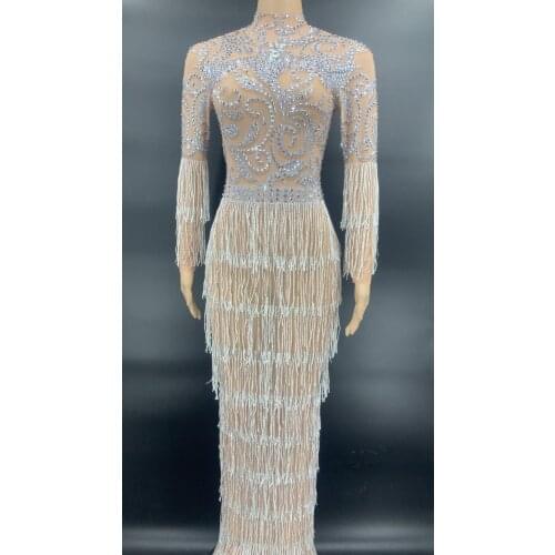 Sparkly Silver Rhinestone Chains Transparent Long Dress Birthday Celebrate Sexy Tassels Dress Prom Dancer Outfit