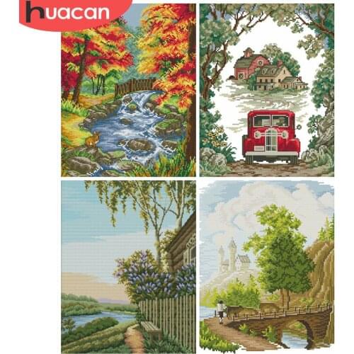 HUACAN Embroidery Scenery Sets Cross Stitch Forest Needlework 11CT 14CT DIY Gift Kits White Canvas Home Decoration