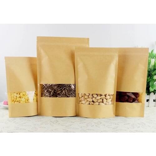 Free Shipping Kraft Paper Bag Window Zip lock Empty Dried Food Fruit Tea Gift package Self Sealing Zipper Stand up Bags 100pcs