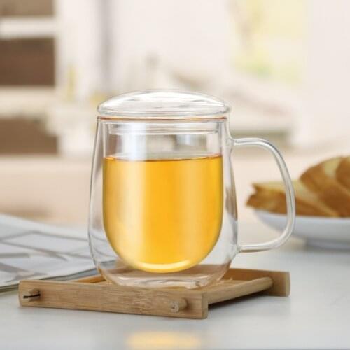 Creative double-layer glass household transparent mug coffee cup high borosilicate tea cup with lid
