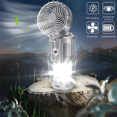 6 in 1 Multi-function Outdoor LED Camping Lantern With Fan Solar Charge Rechargeable Light Hanging Tent Lamp Fish Flashlight