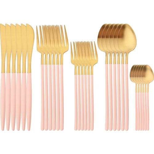 30Pcs Knife Desssert Fork Tea Spoon Dinnerware Set 304 Stainless Steel Cutlery Vintage Pink Gold Tableware Home Kitchen Flatware