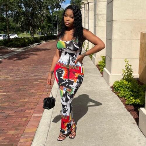 Tight Dress Womens Fashion Print Vest Sexy Long Skirt Sleeveless Urban Leisure Party Backless Clothing Summer Sheath Vintage