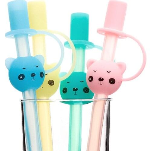 Silicone Straws Food Grade Silicone Reusable Drinking Straws Cartoon Bear Straws BPA Free Baby Silicone Folding Straws
