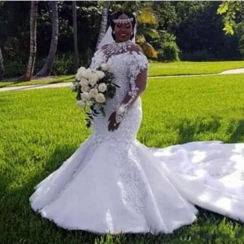 African Plus Size Wedding Dresses Sheer Neckline Beads Sequins Long Sleeves Mermaid Wedding Dress Sweep Train Bridal Gowns