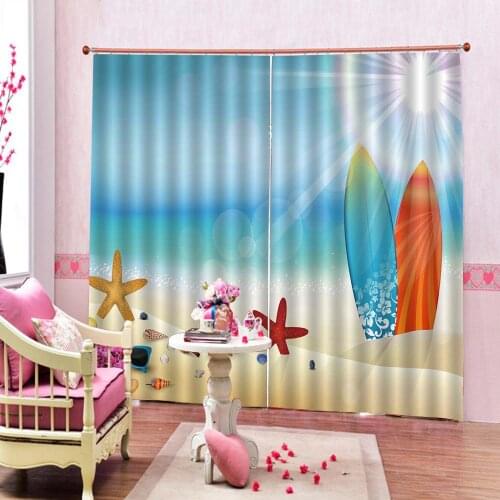High Quality Surfboard sunlight Beach Shower Curtain Beach Conch Starfish Shell Polyester Blackout Curtains For Living room