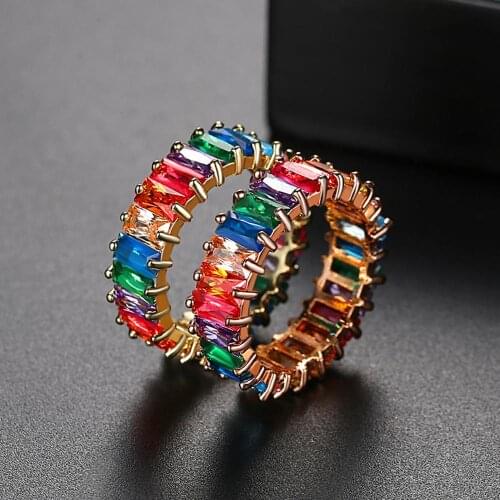 Hip Hop Jewelry Elegant AAA Cubic Zirconia Rainbow Baguette Ring for Women Men Wedding Multicolor Crystal Ring Bague Fashion