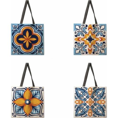 Blue orange flower linen shopping bag ladies shoulder bag foldable shopping bag beach tote bag handbag large bag female bag