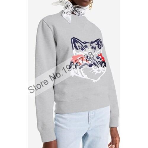 Ladies O Neckline Animal Embroidery Patchwork Long Sleeve Sweatshirt Pullover Top