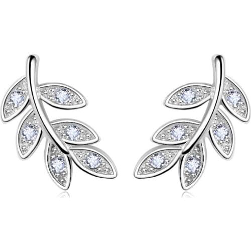 Hight Quality Jewelry 2017 New Fashion Design Leaves Shiny Crystal 925 Sterling Silver Stud Earrings for Women Gift Wholesale