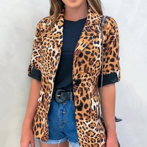 Women Elegant Leopard Print Lapel Slim Three-quarter Sleeve Cardigan Coat Jacket Womens Clothing