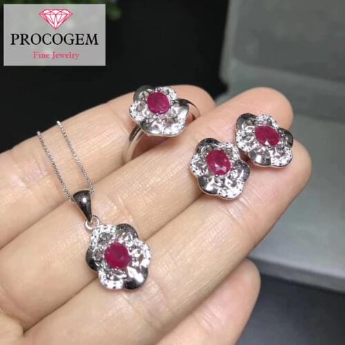 Natural Ruby Jewelry sets for Women 0.5ct Genuine gemstone Necklaces / Rings / Stud Earrings fine Jewelry 925 Sterling #304
