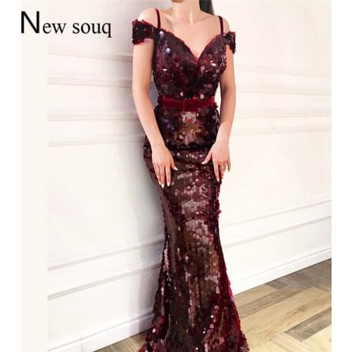 Sequin Slim Mermaid Evening Dress Wine Red Formal Women Party Gowns Robe De Soiree 2019 Long Prom Dresses Capped Sleeves Dresses