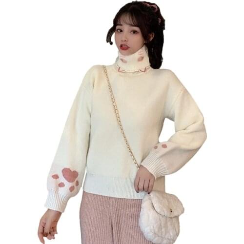 Winter Turtleneck Knitted Sweaters Women Kawaii Clothes Cute Cat Vintage Jumper Girls Pullovers Korean Fashion Long Sleeve Top