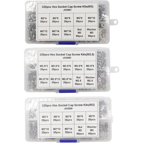 320Pcs/set M2/M2.5/M3 304 Stainless Steel Hexagon Socket Head Cap Screws Bicycle Hex Bolts and Washers Assortment Kit