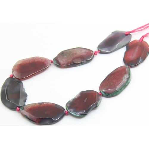 7-8PCS/strand Red Green Faceted Slab Nugget Raw Agates Loose Beads,Natural Crack Onxy Stone Gems Slice Pendants Jewelry Making