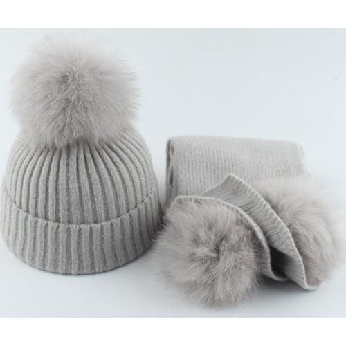 BABY Winter Warm Hat And Scarf Knitted Wool Beanie Real Fox Fur Ball Pompom Cap Set For Girls Boys