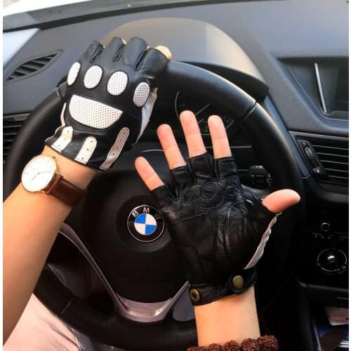 Men Half Finger Sheepskin Motorcycle Driving Gloves Genuine Leather Cool Sports Gloves Non-slip Breathable Leather Gloves AGD023