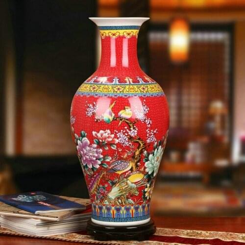 Jingdezhen Porcelain vase Enamel Chinese Red Peony Phoenix Flower And Bird Vase Modern vase Home Decoration ceramic vase