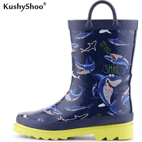 KushyShoo Kid Rain Boots 2020 New Boys Waterproof Outdoor Soft Anti-Slip Rubber Boots Shark Printed Children Water Shoes