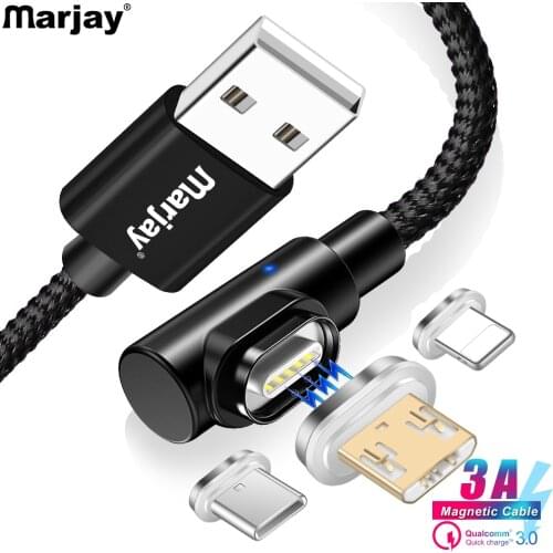 Marjay Magnetic USB Cable 90 Degree 3A Fast Charger Micro USB Type C Cable For iPhone Samsumg Xiaomi Huawei Mobile Phone Cables