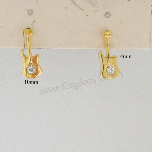 CUTE NICE YELLOW GOLD GP OVERLAY FILLED WITH BRASS CZ STONE STUD GUITAR EARRING/GREAT GIFT